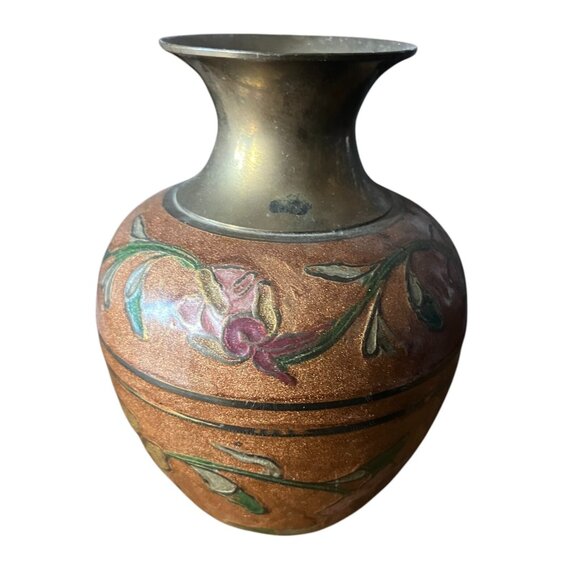 Vintage Solid Brass Cloisonne Floral Vase Heavy Enamel 6" Bronze Pink Green Boho - Picture 3 of 9